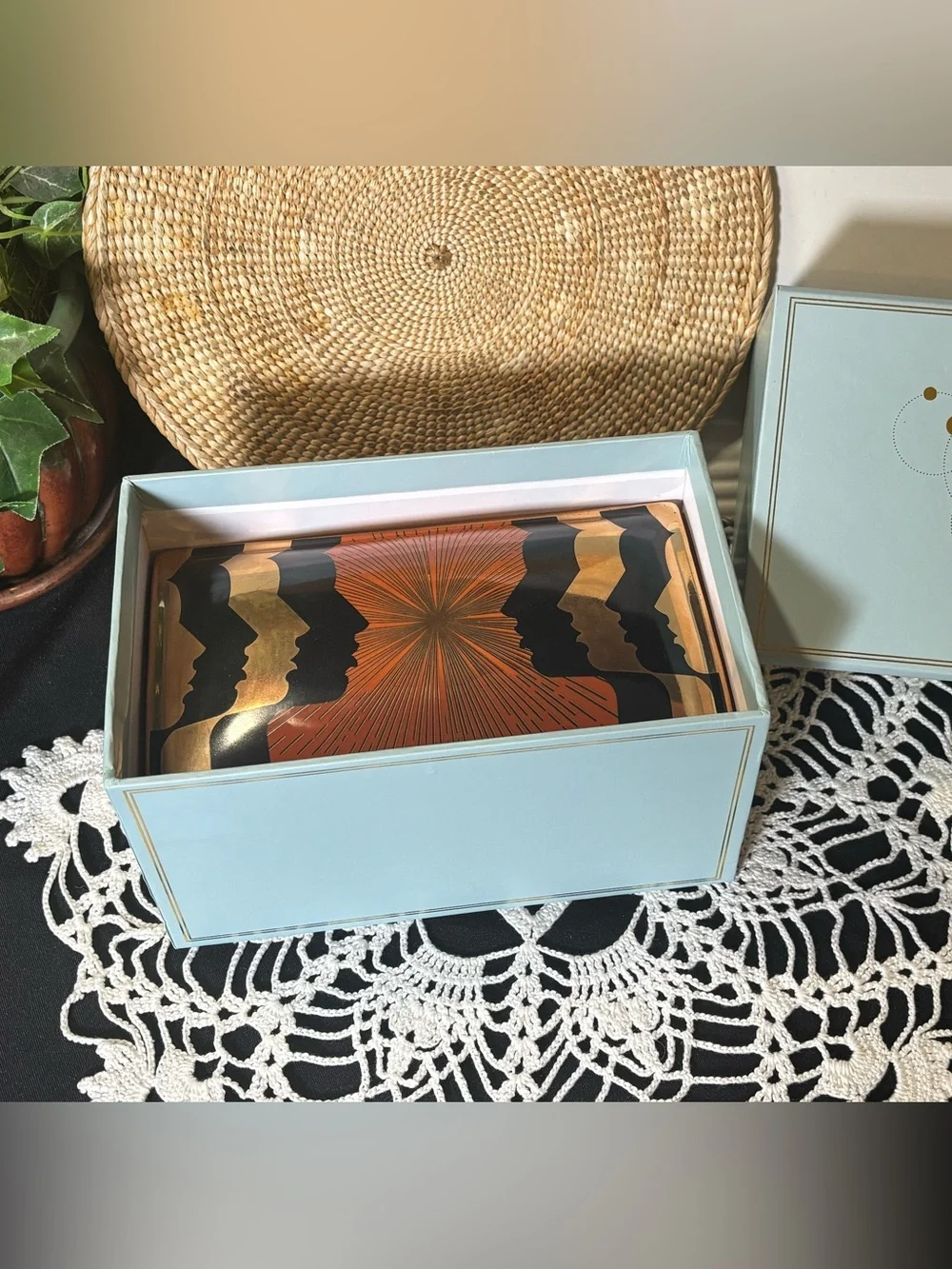 Spitfire Girl Wysper Ceramic Box 24K Gold Art Deco Faces Jewelry Keepsake Box
